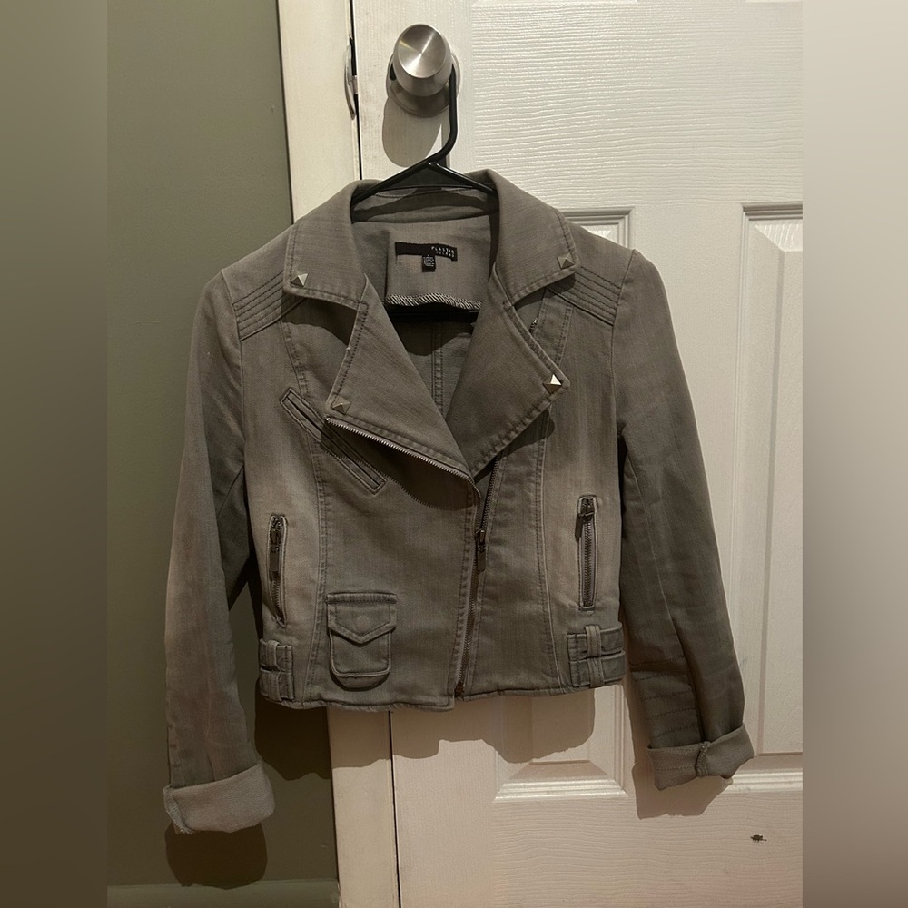 Grey denim moto jacket (small) Plastic Island